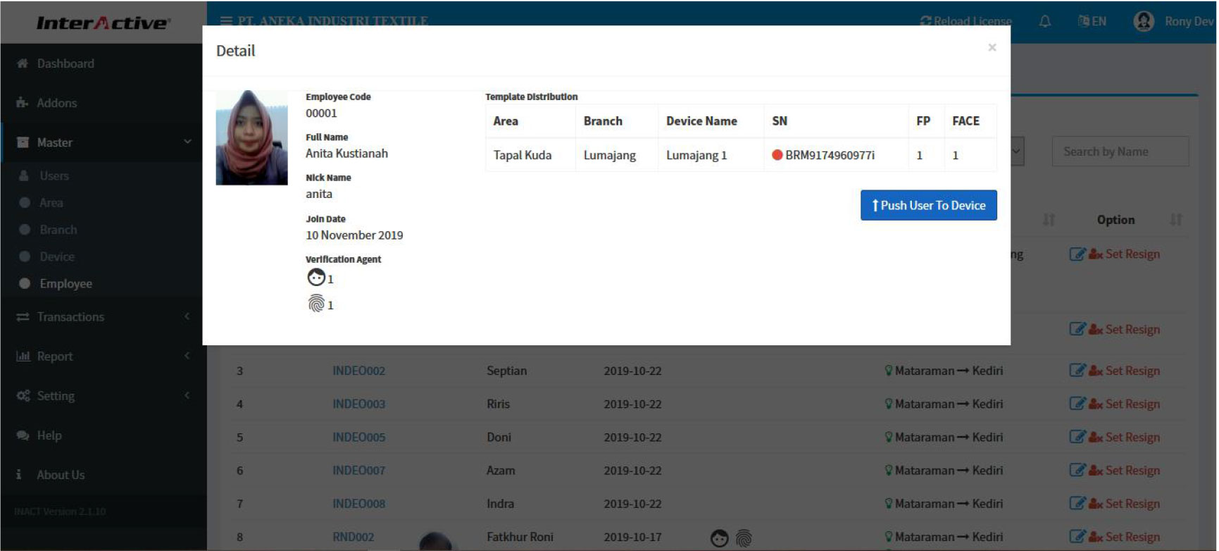 Aplikasi yang menghubungkan device InterActive Fingerprint dengan Software HRIS InterActive InAct